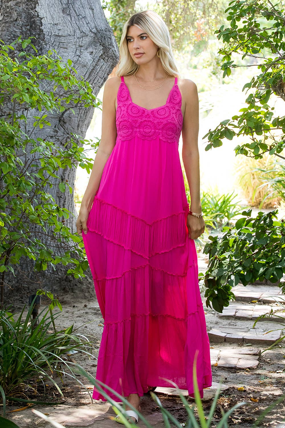 Pink Crochet Details Maxi Dress.
