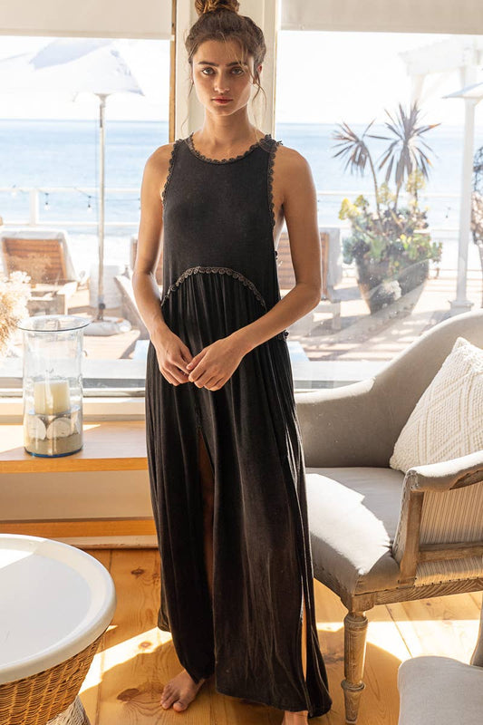 Sleeveless Racerback Back Zipper Front Slit Knit Maxi Dress