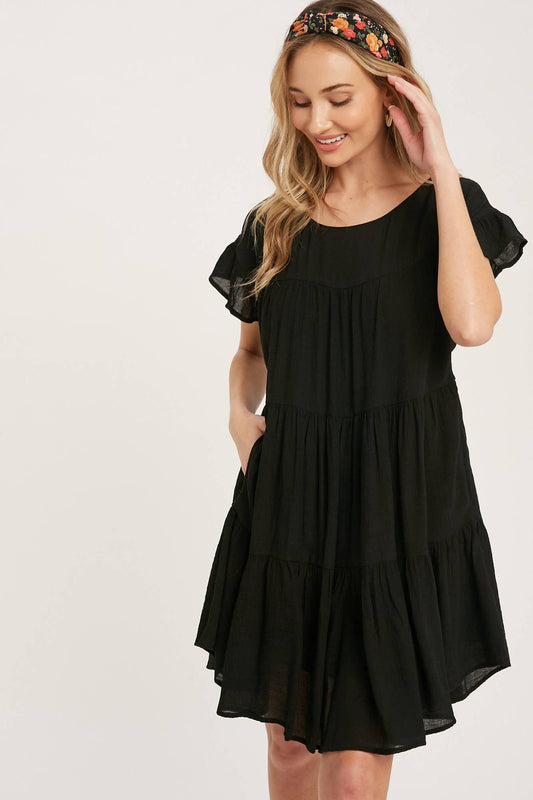 Black Ruffled Hem Babydoll Mini  Dress