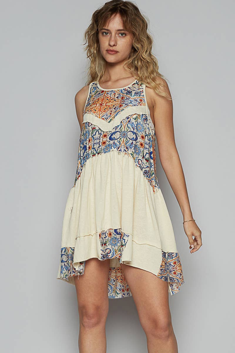 Ivory Round Neck Sleeveless Floral Patchwork Tunic Top