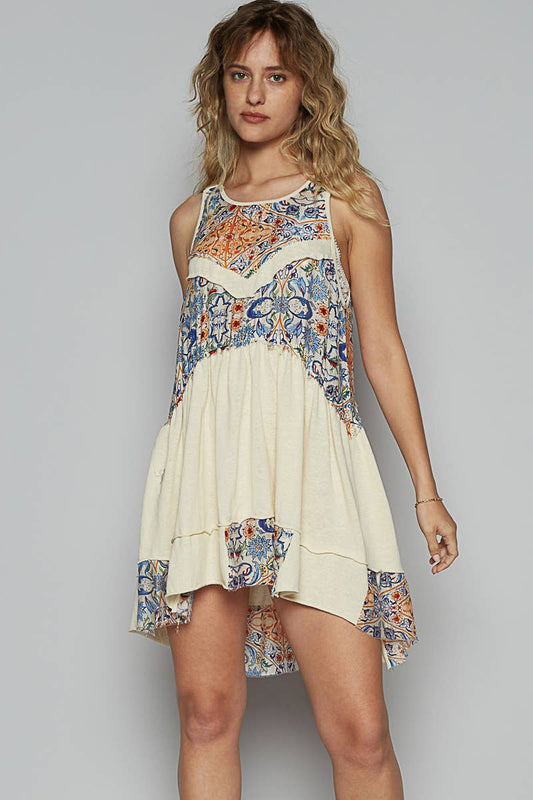 Ivory Round Neck Sleeveless Floral Patchwork Tunic Top