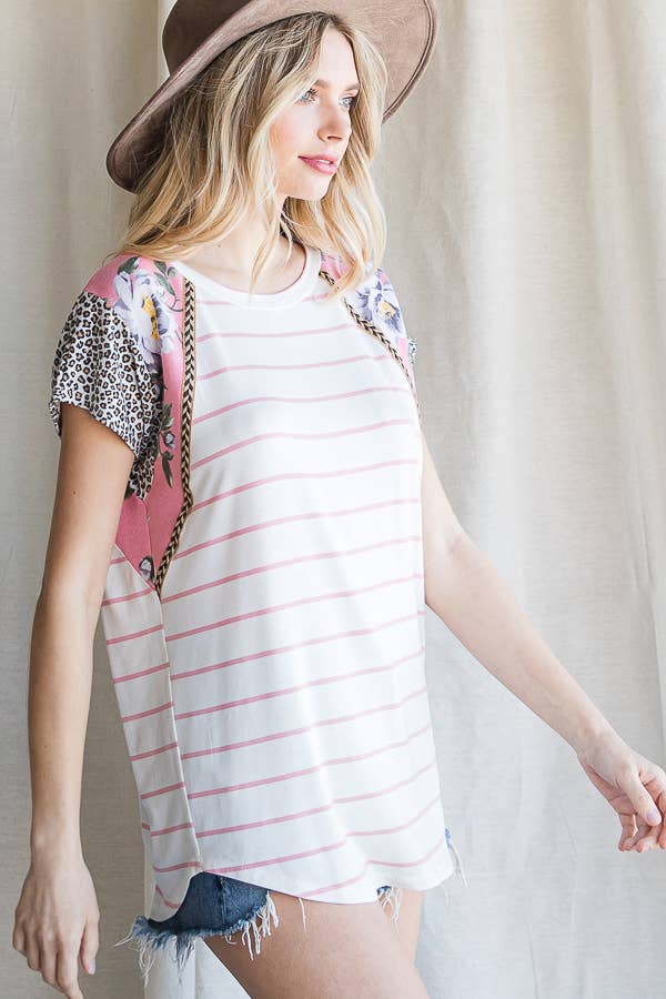 Color Block  Animal Print Trim Detail Short Sleeve Top