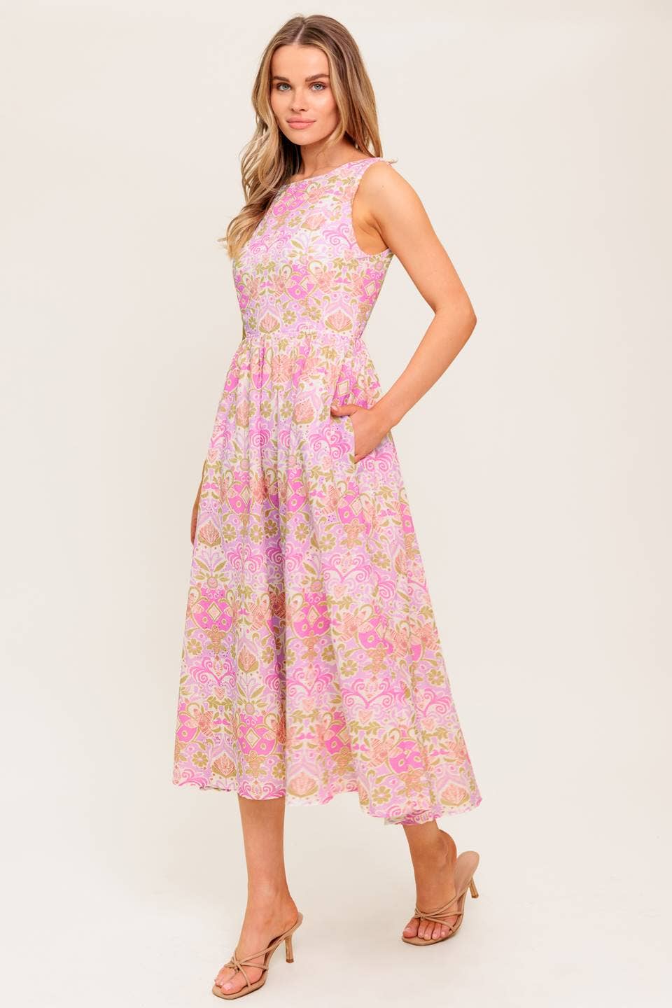 Pink Floral Print Midi Dress