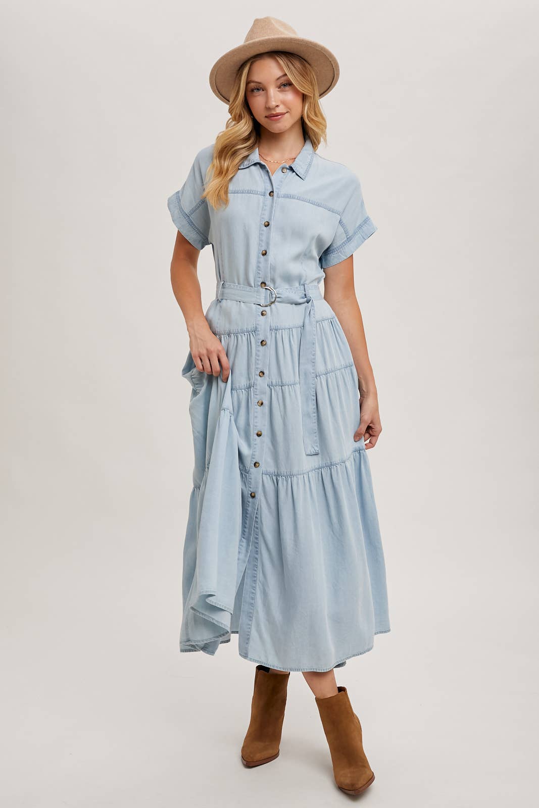 Light Wash Denim Button Front Maxi Dress