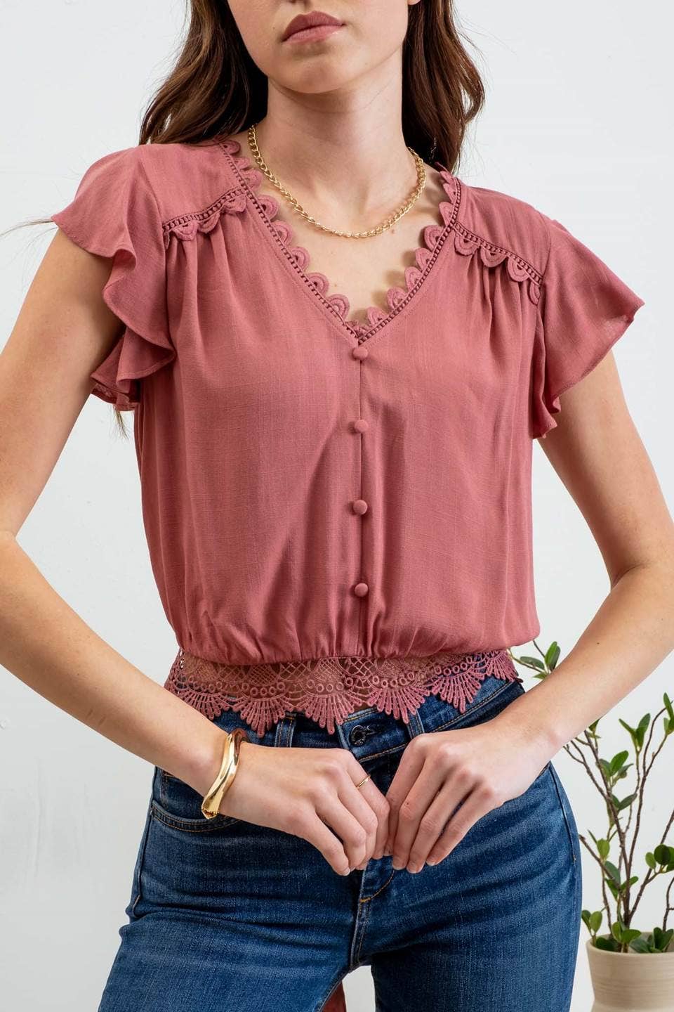 Mauve Scalloped Lace Trim Tie Back Crop Top
