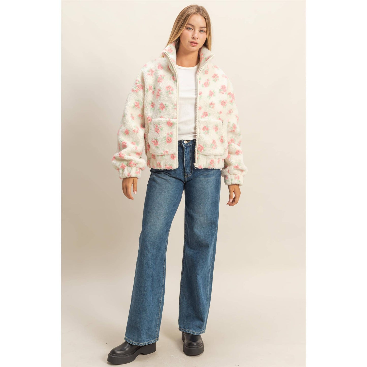 Comfy Floral Print Sherpa Zip-Up Jacket