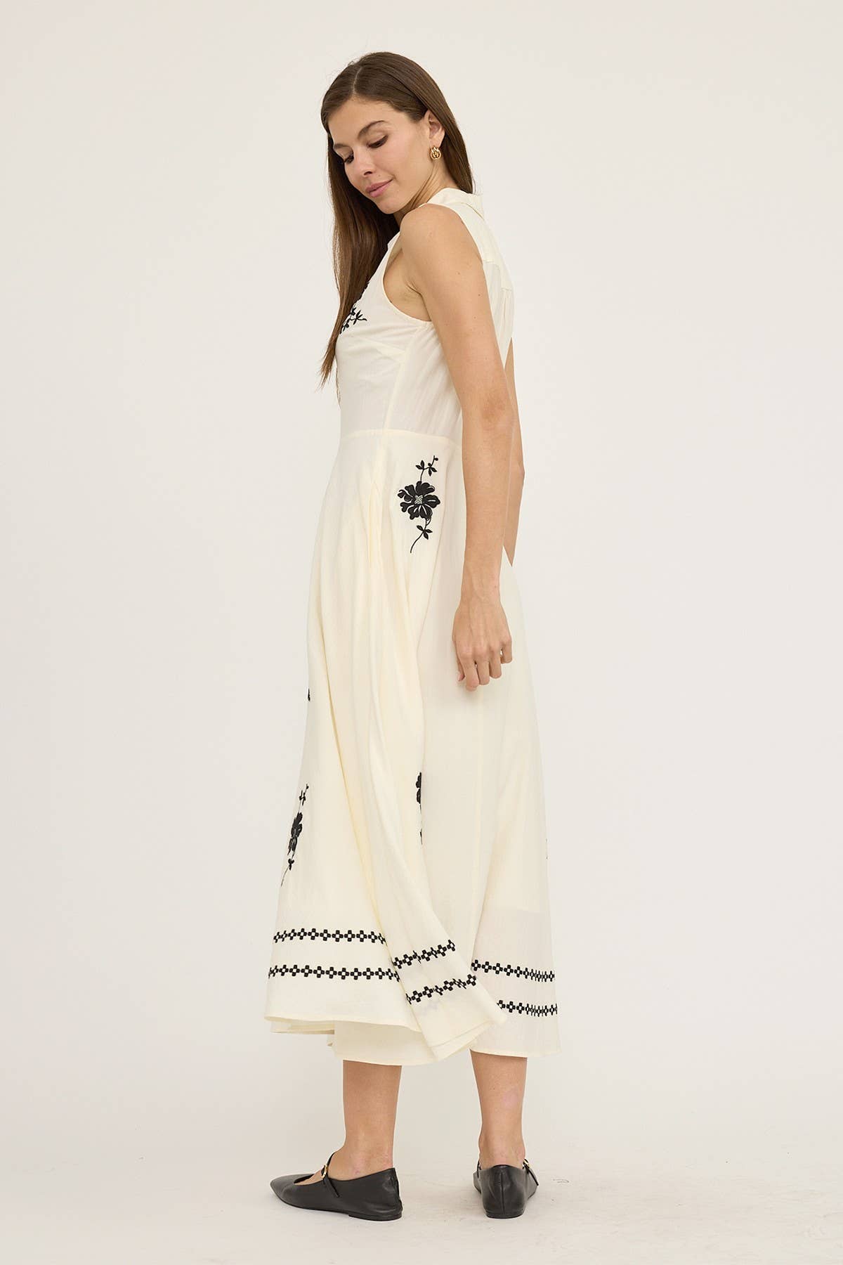 Ivory Sleeveless Embroidered Button Front Maxi Dress