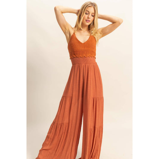 Rust Halter Neck Crochet Wide Leg Jumpsuit