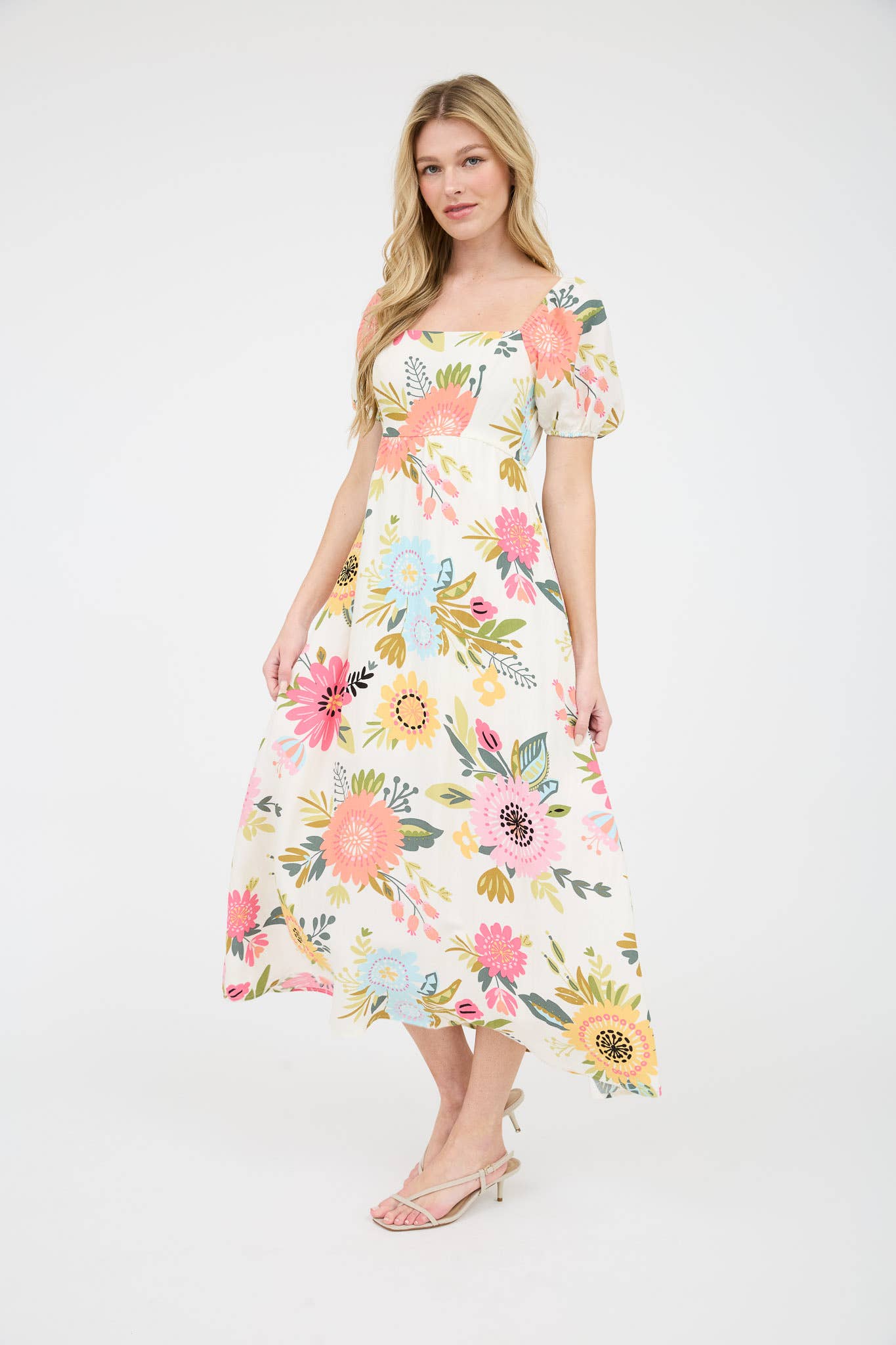 Floral Puff Sleeves Midi Dress