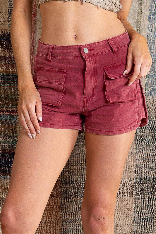 Maroon Pocket Detail Denim Shorts