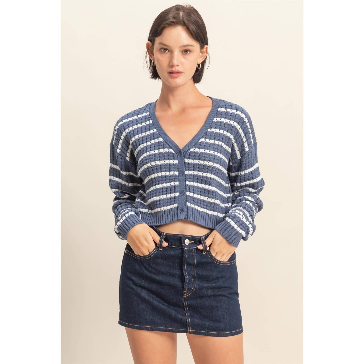 Striped Long Sleeve Buttoned Sweater Cardigan