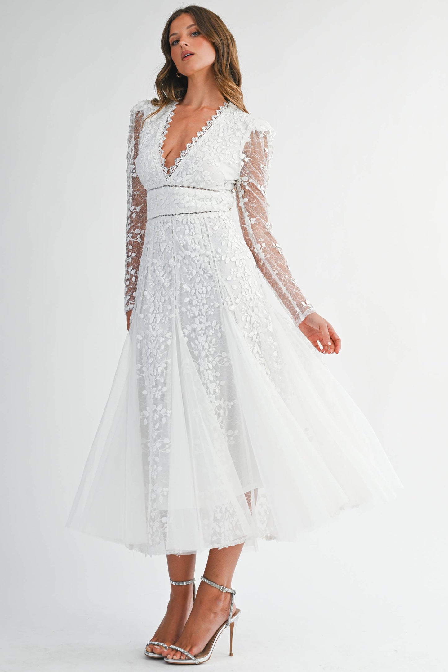 White Floral Embroidered Lace A-Line Dress