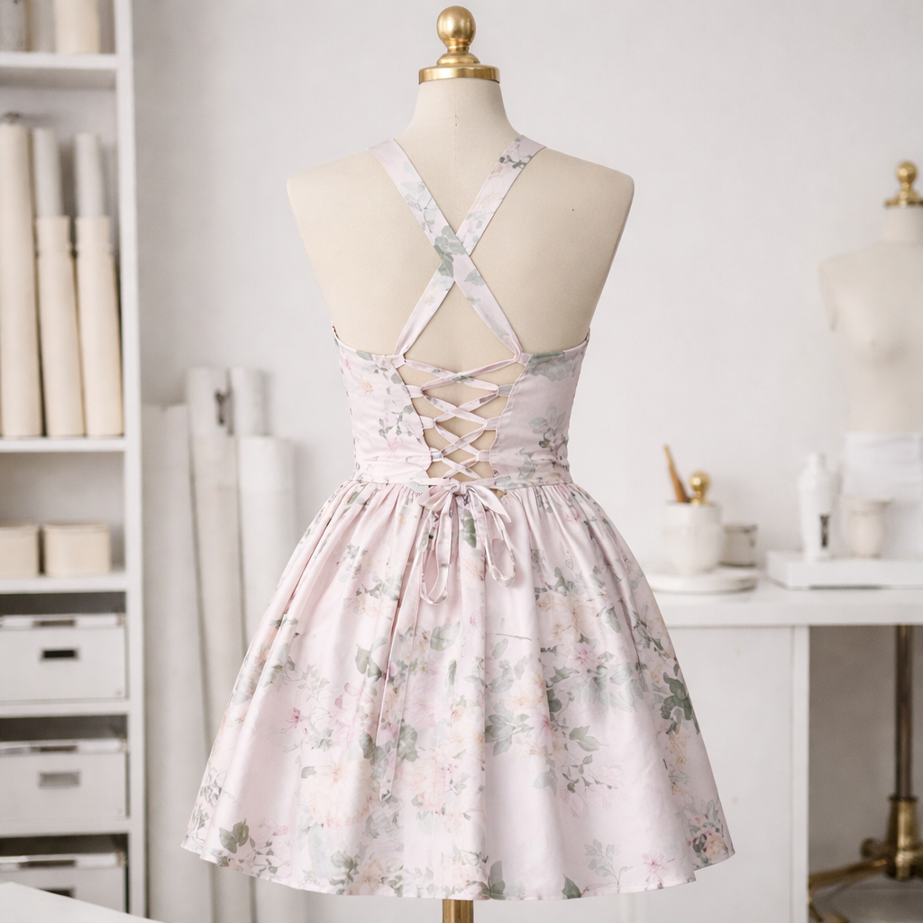 Floral Corset Satin Halter Mini Dress