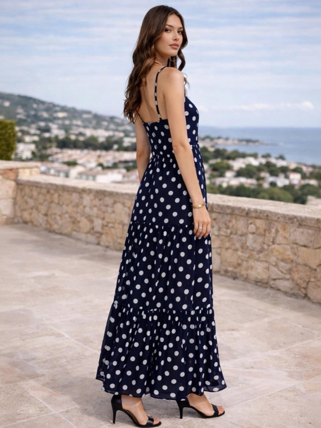 Navy Gold Accent Polka Dot Tiered Maxi Dress