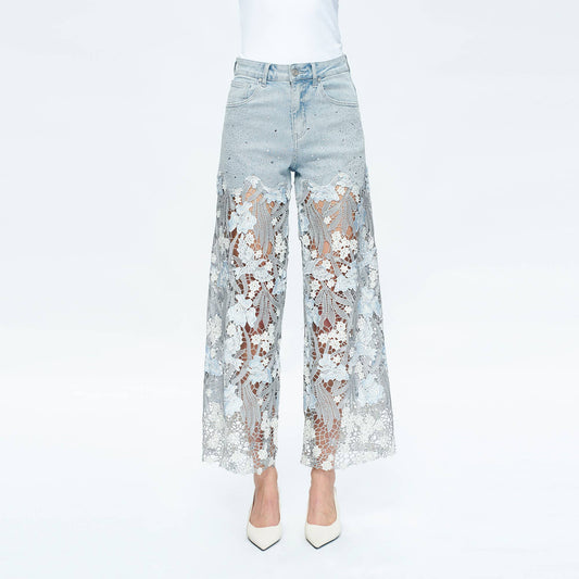 High Rise Lace Embroidered Wide Leg Jeans