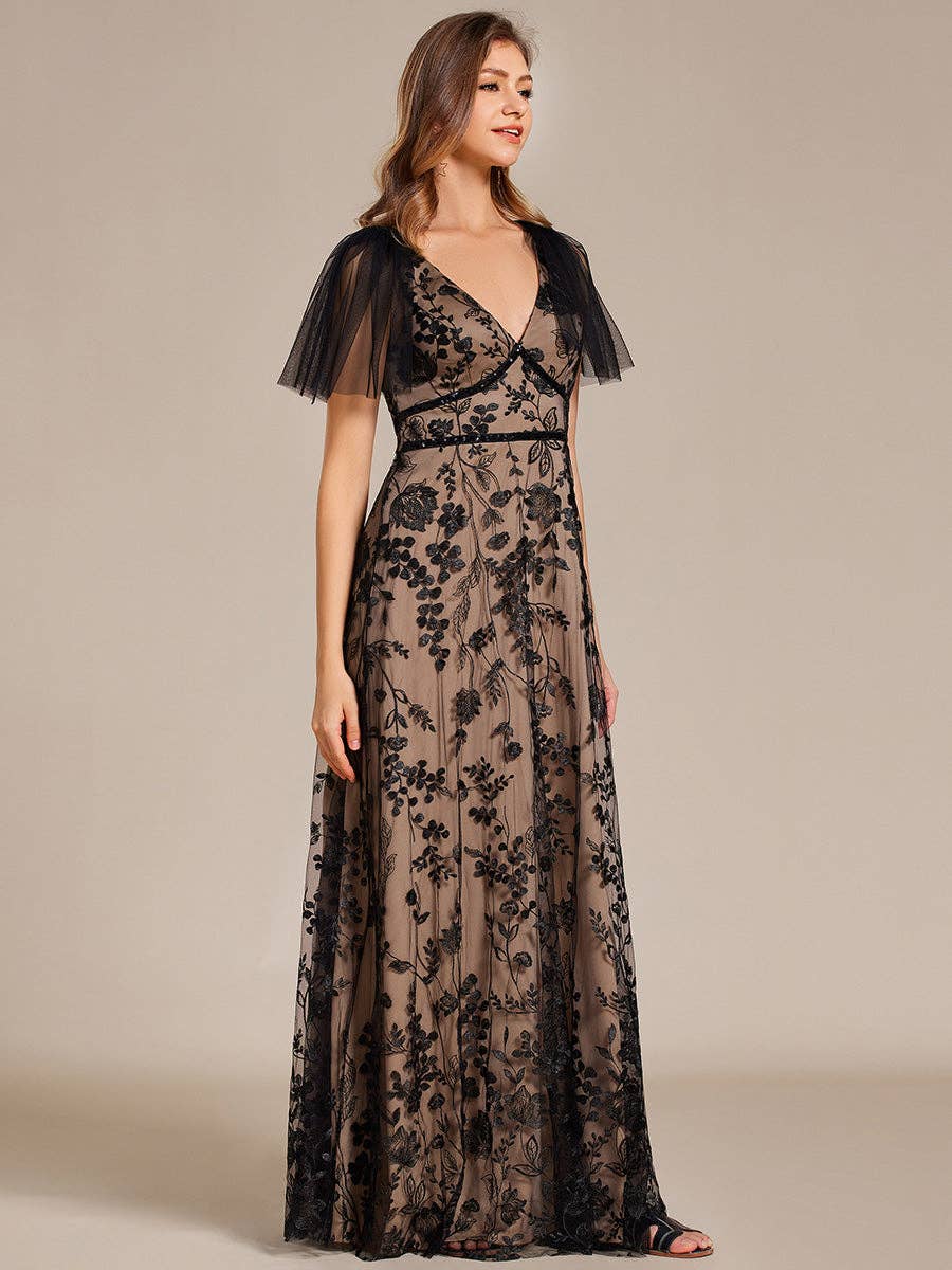 Black and Nude Embroidery Deep V-Neck Ruffles Tulle Dresses