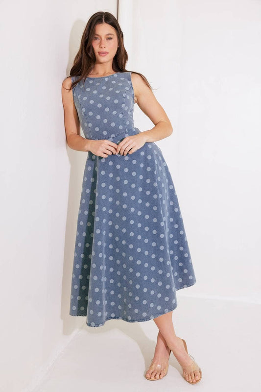 Blue and White Polka Dots Denim Midi Dress