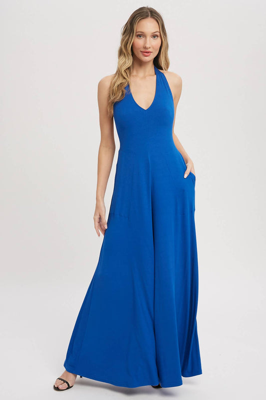 Wide Leg Blue Halter Jumpsuit