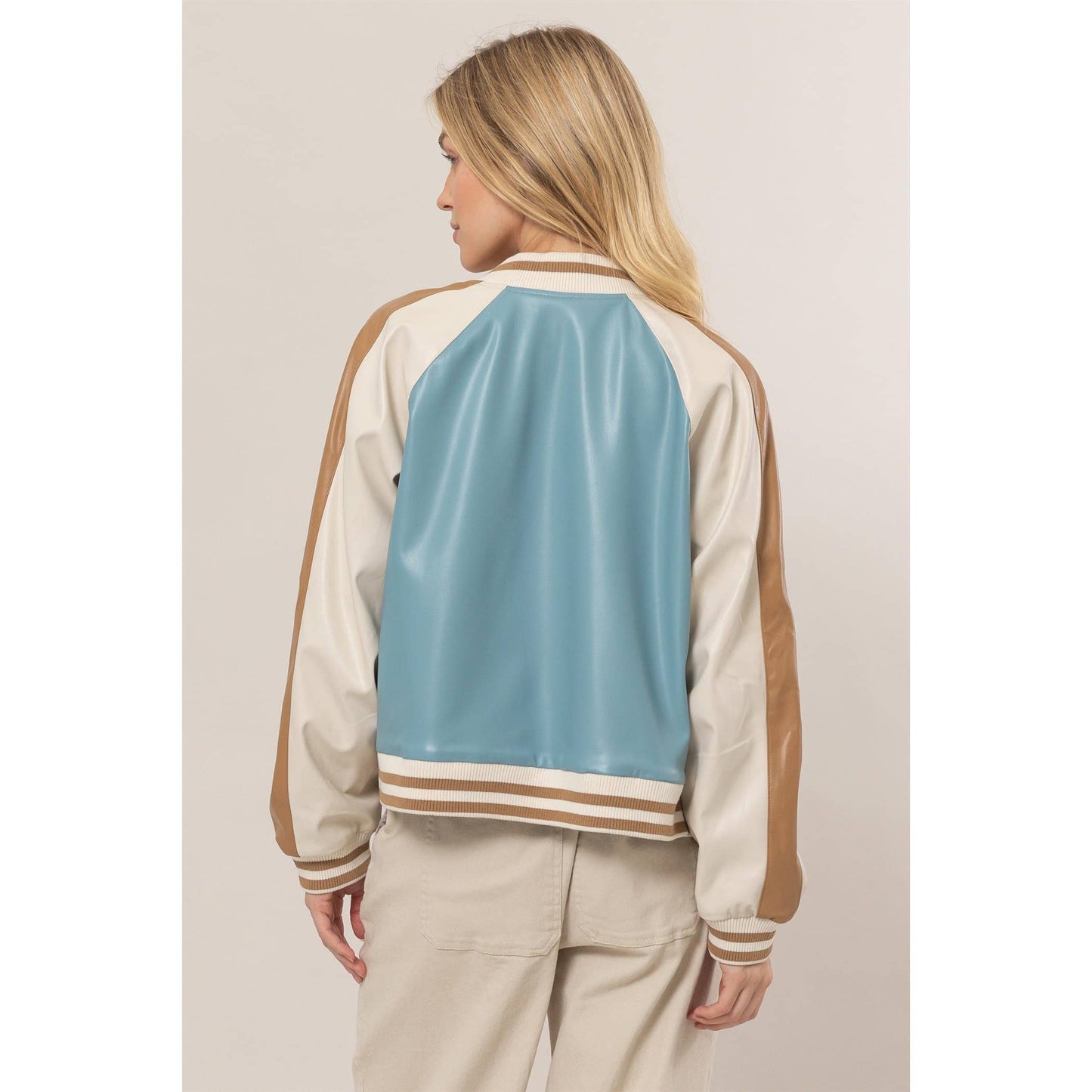 Faux Leather Color Block Baseball Jacket