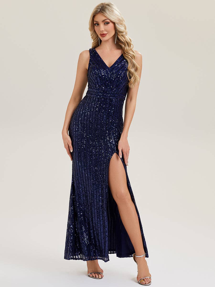 Navy V-Neck Sequin Fishtail Evening Dresses