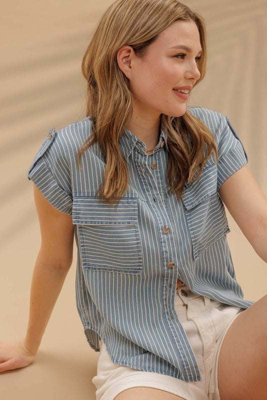 Striped Button Down Tab Sleeve Blouse