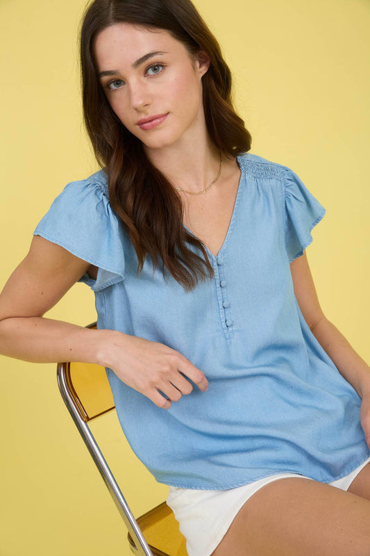 V-Neck Button Front Denim Top