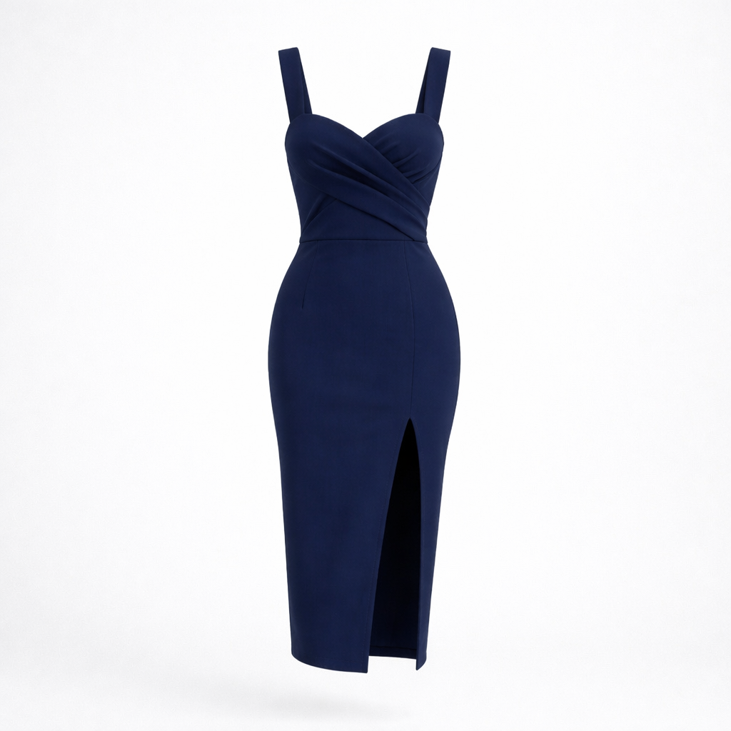 Navy Blue Cross-Back Midi Dress with Slit