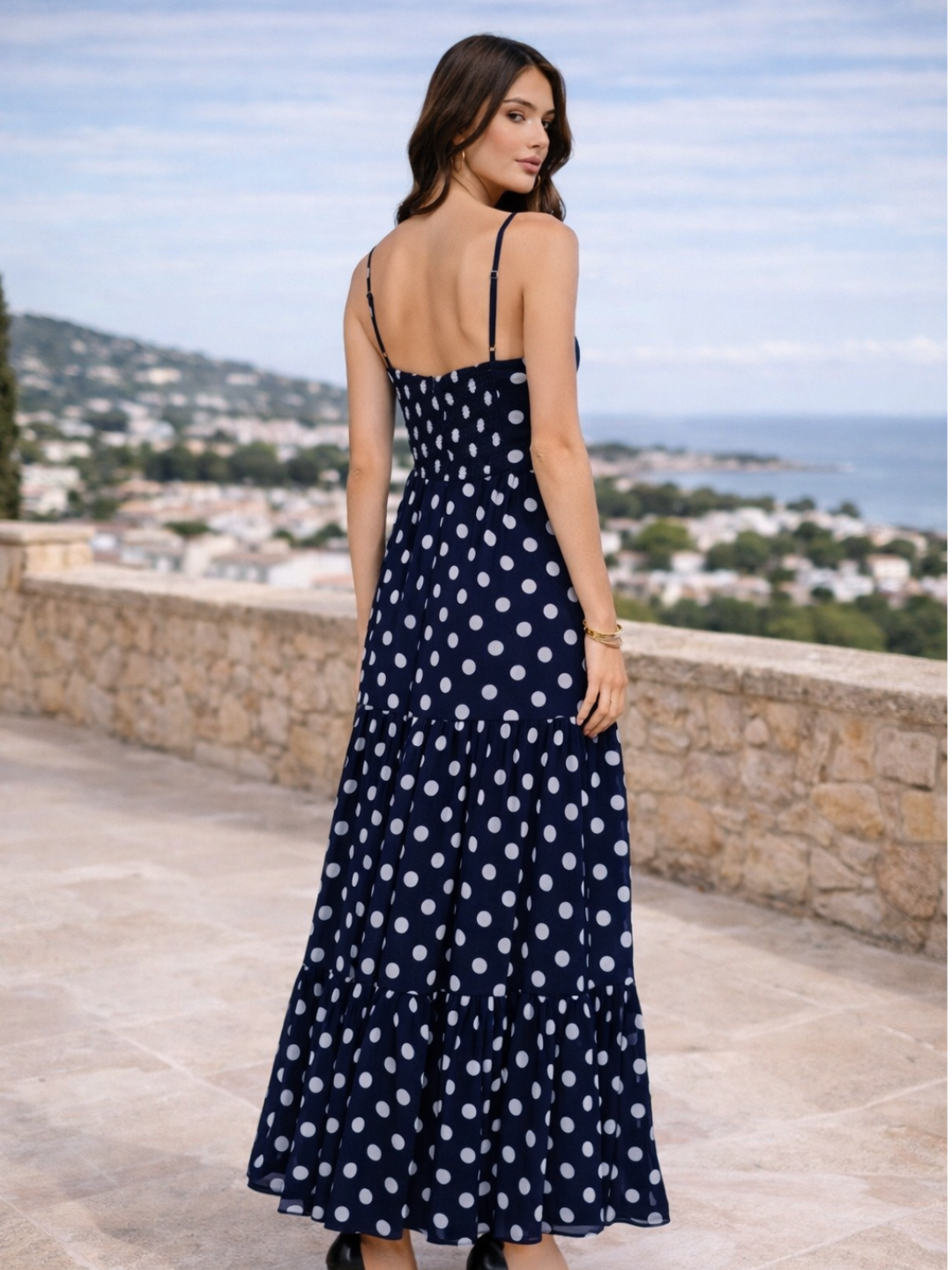 Navy Gold Accent Polka Dot Tiered Maxi Dress