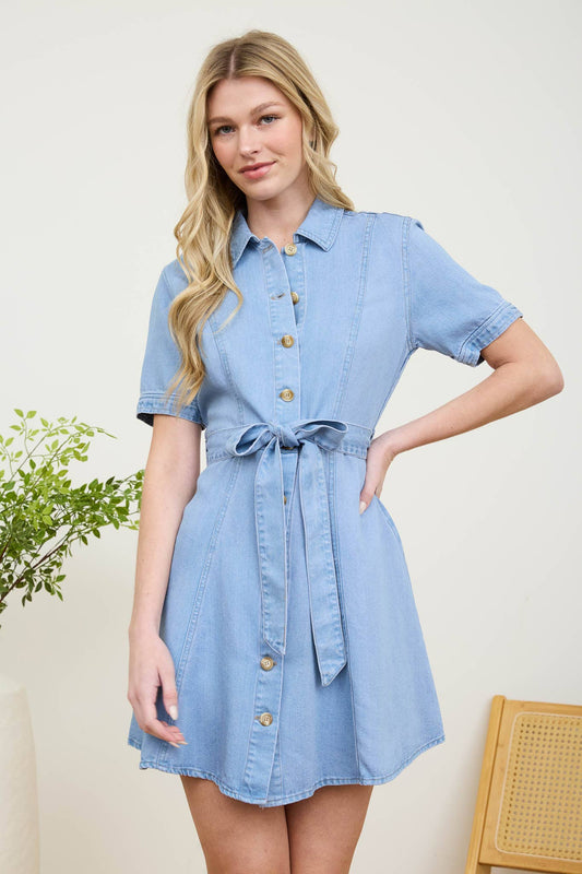 Button Down Tie Waist Denim Dress