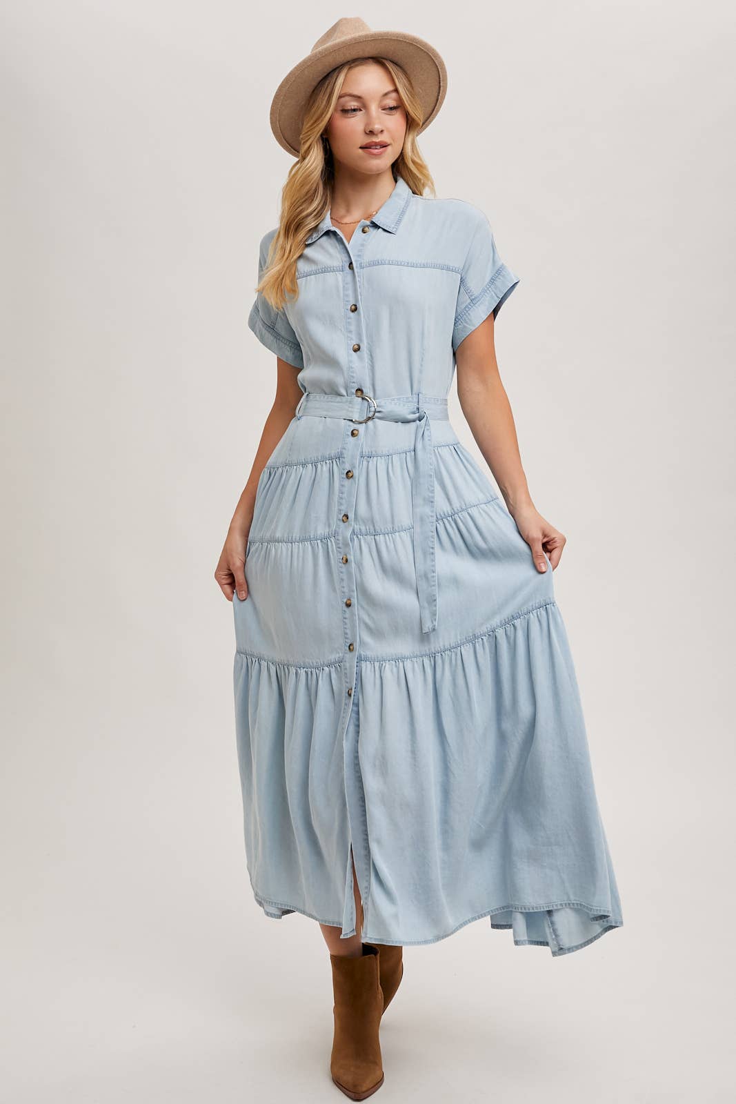 Light Wash Denim Button Front Maxi Dress