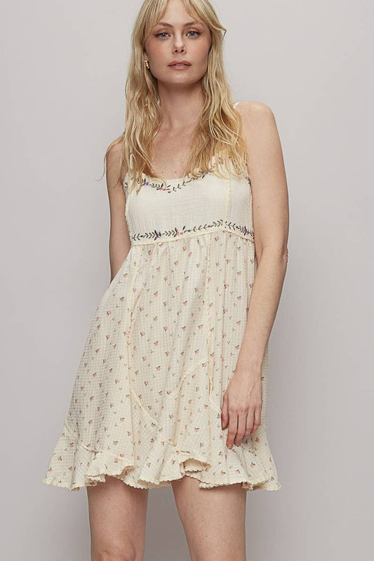 Sleeveless Ivory and Floral Print Contrast Double Gauze Mini Dress