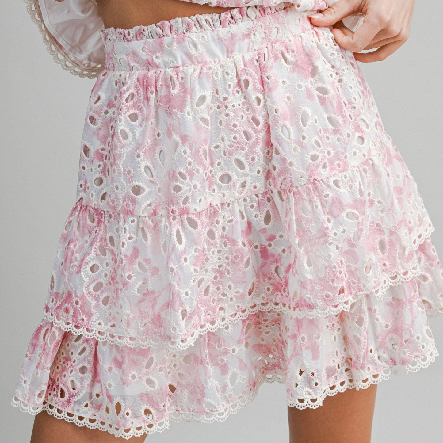 Pink Floral Eyelet Tiered Mini Skirt
