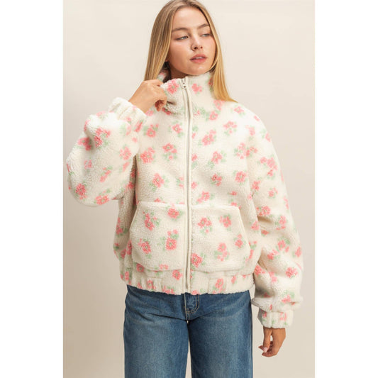Comfy Floral Print Sherpa Zip-Up Jacket