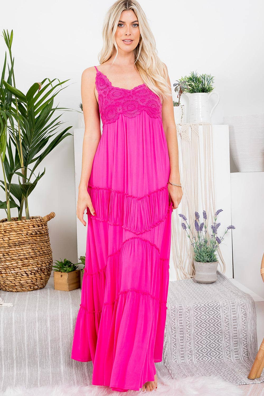 Pink Crochet Details Maxi Dress.