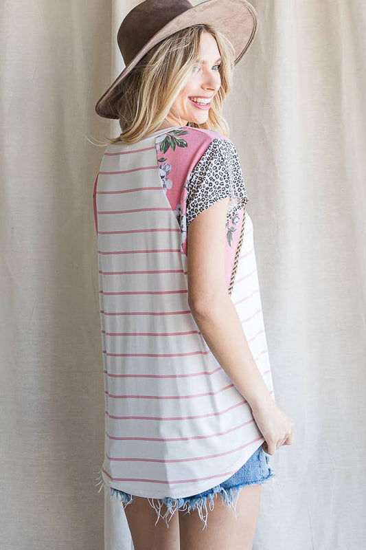 Color Block  Animal Print Trim Detail Short Sleeve Top