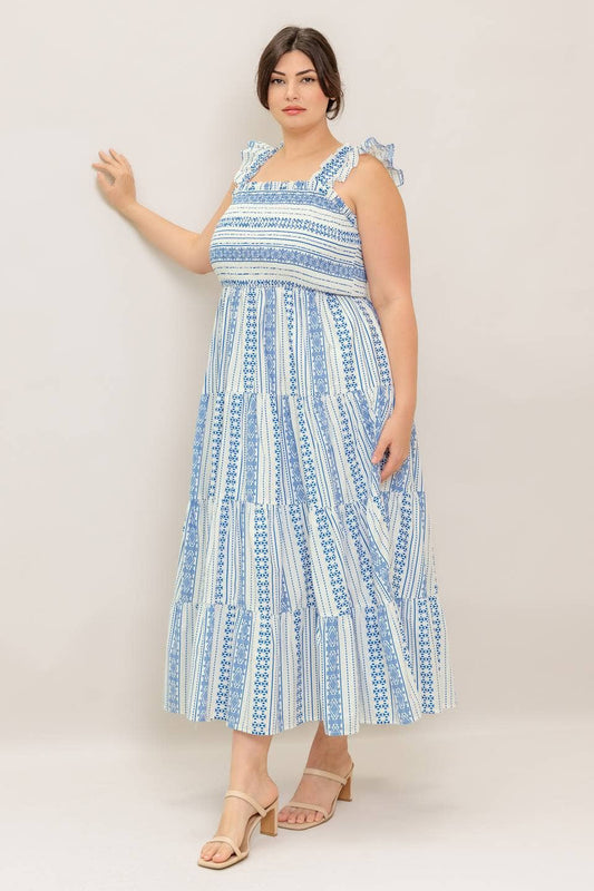 Blue and Ivory Tribal Print Smocked Top Midi Dress