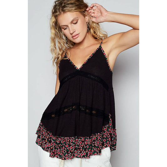 V-neck Sleeveless Black with Floral Print Contrast Tunic Top