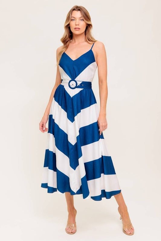 Blue and White Chevron Print Satin Midi Dress