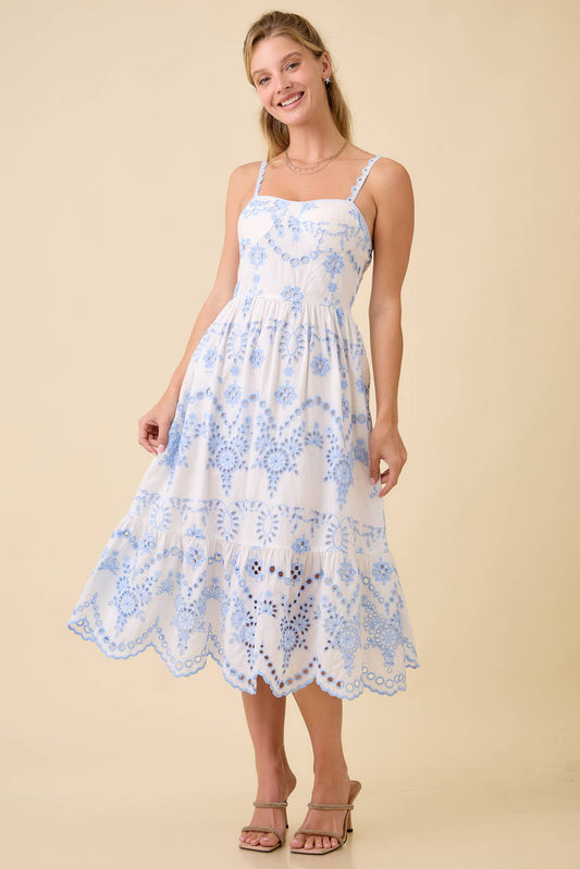 Scallop Hem Midi Dress With Eyelet Fabric Details