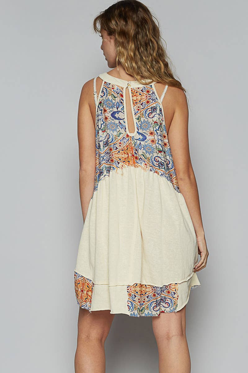 Ivory Round Neck Sleeveless Floral Patchwork Tunic Top