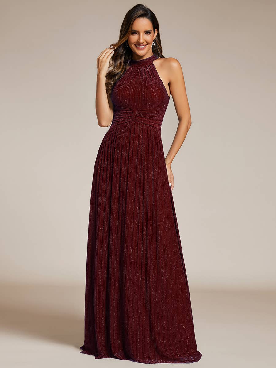 Burgundy Glittery Halter Neck Pleated Evening Dress