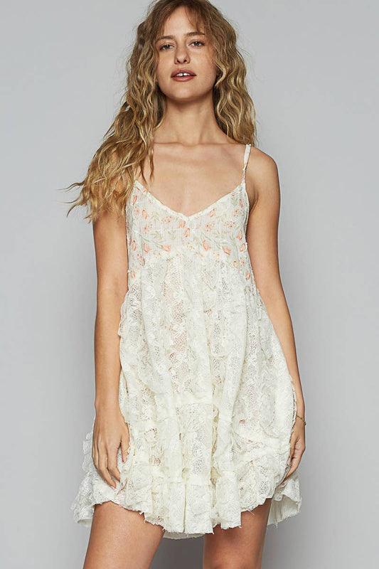 Ivory V-neck Sleeveless Lace with Floral Print Tunic Top