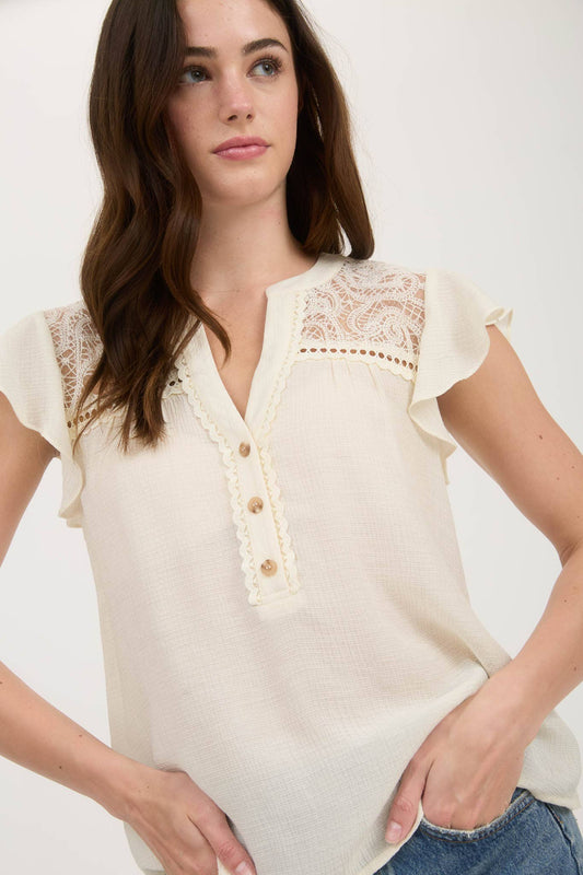 Lace Trim Ruffled Sleeve Top