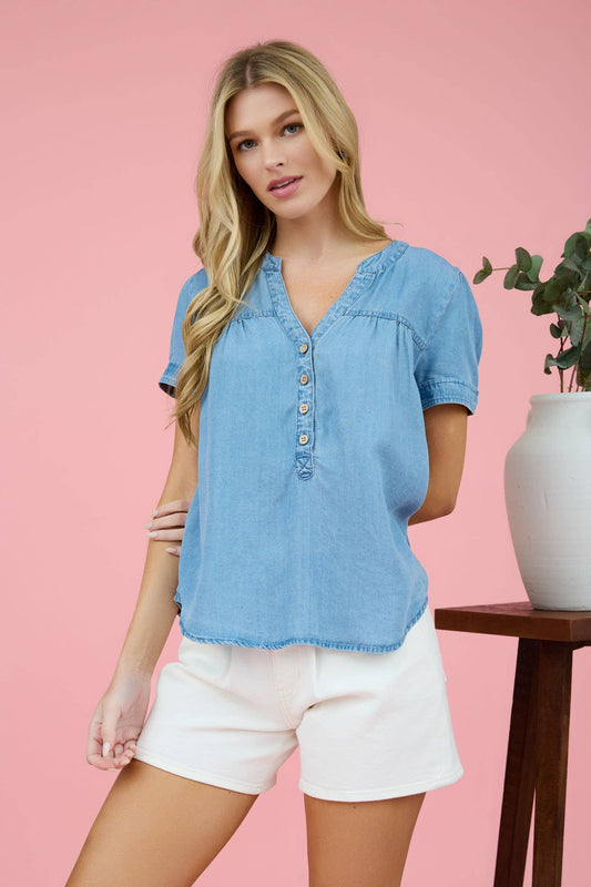 Half Button Comfy Denim Top