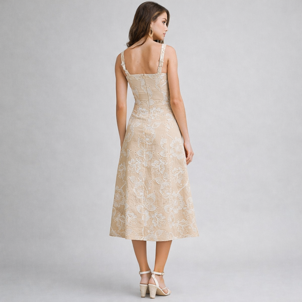Champagne Garden Embroidered Midi Dress