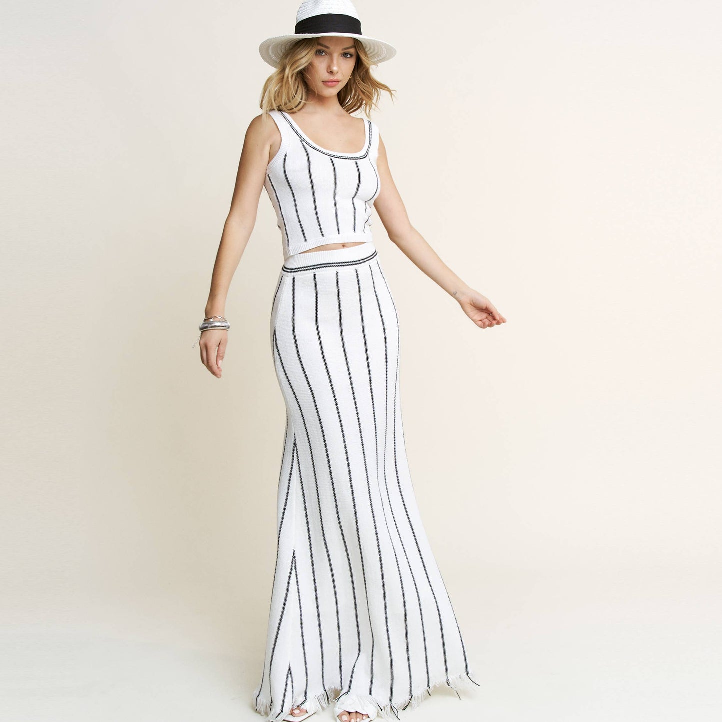 Striped Knit Top and Fringe Maxi Skirt