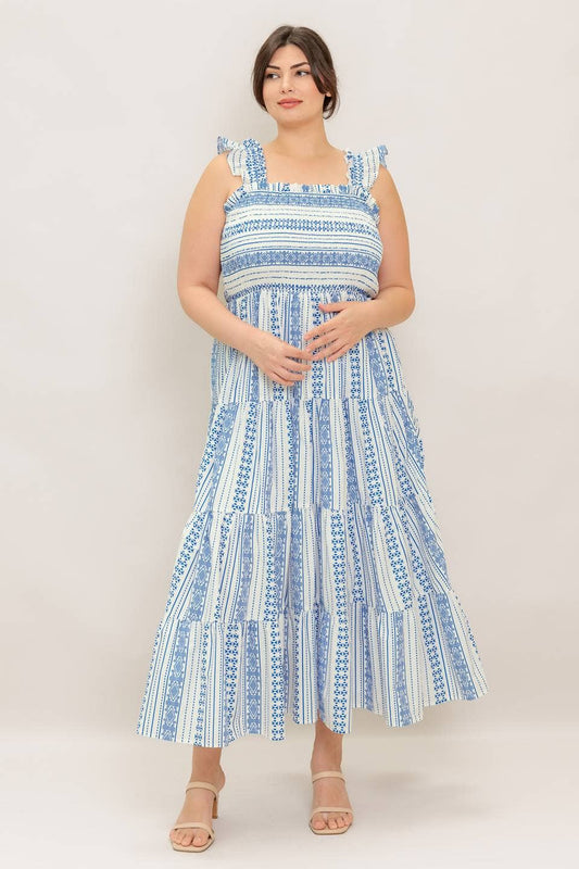 Blue and Ivory Tribal Print Smocked Top Midi Dress