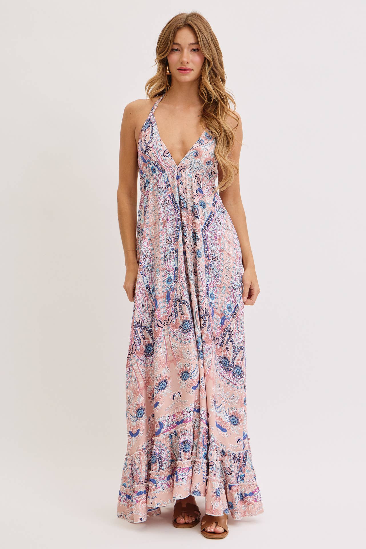 Bohemian Floral Print Halter Maxi Dress