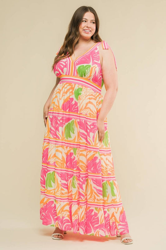 Plus Size Plant Print Tie Shoulders Maxi Dress