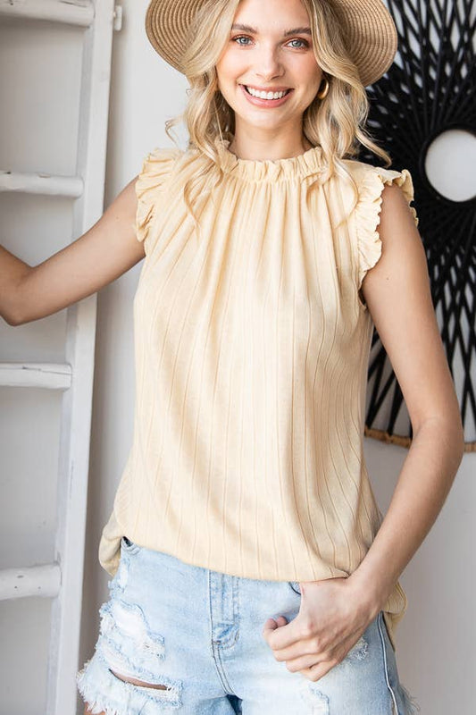 Solid Rib Shirred Neck Ruffle Cap Sleeve Top